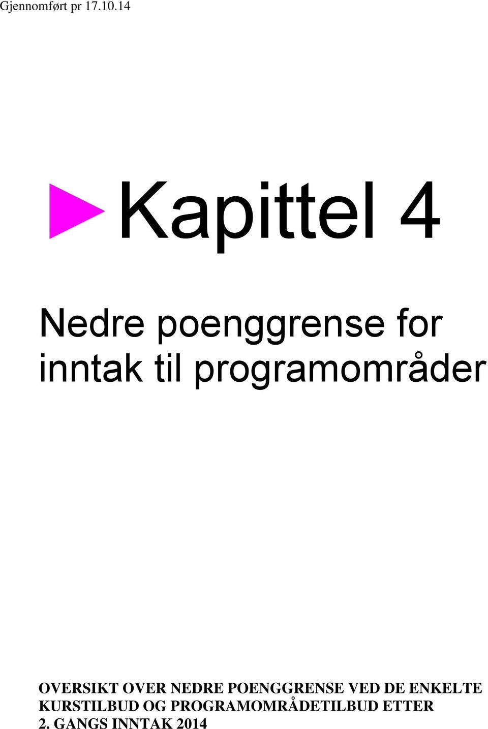 programområder OVERSIKT OVER NEDRE POENGGRENSE