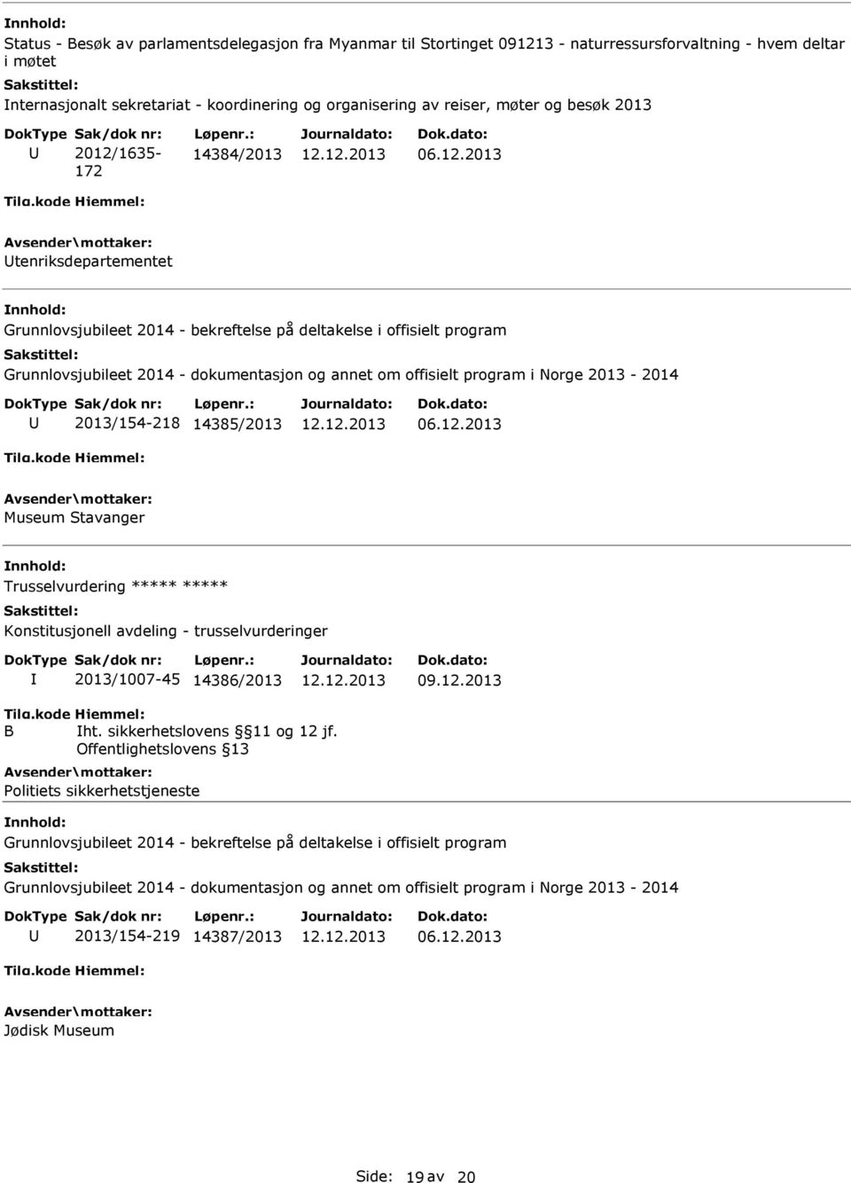 : 14384/2013 tenriksdepartementet Grunnlovsjubileet 2014 - bekreftelse på deltakelse i offisielt program Grunnlovsjubileet 2014 - dokumentasjon og annet om offisielt program i Norge 2013-2014