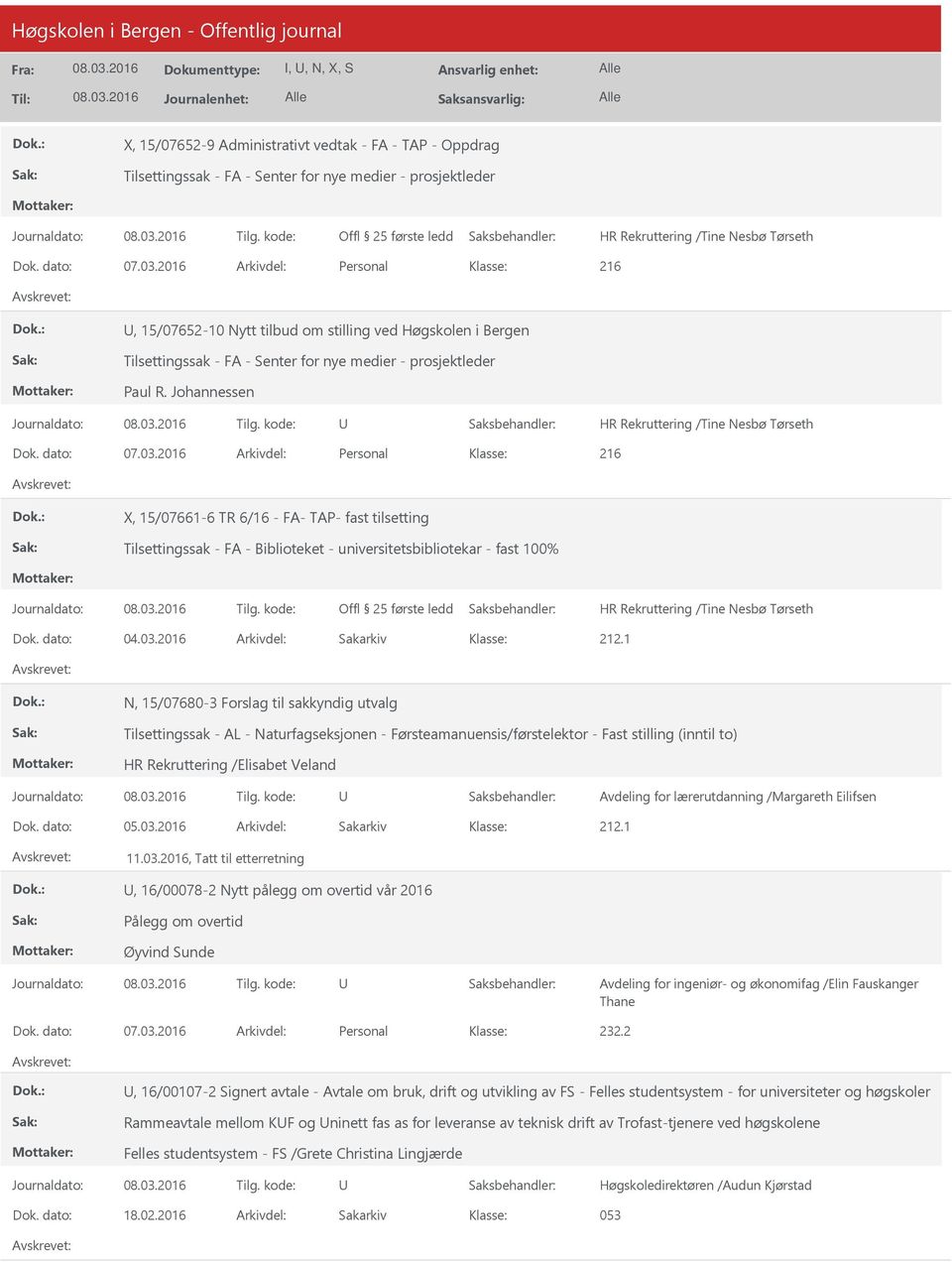 Johannessen 216 X, 15/07661-6 TR 6/16 - FA- TAP- fast tilsetting Tilsettingssak - FA - Biblioteket - universitetsbibliotekar - fast 100% N, 15/07680-3 Forslag til sakkyndig utvalg Tilsettingssak - AL