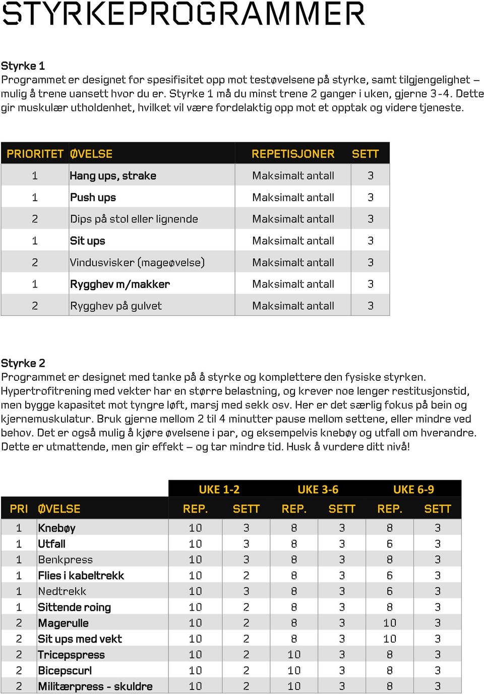 PRIORITET ØVELSE REPETISJONER SETT 1 Hang ups, strake Maksimalt antall 3 1 Push ups Maksimalt antall 3 2 Dips på stol eller lignende Maksimalt antall 3 1 Sit ups Maksimalt antall 3 2 Vindusvisker