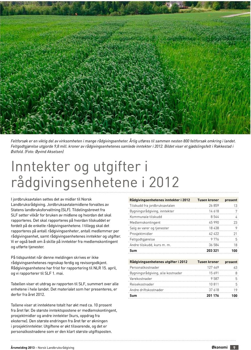 (Foto: Øyvind Akselsen) Inntekter og utgifter i rådgivingsenhetene i 2012 I jordbruksavtalen settes det av midler til Norsk Landbruksrådgiving.