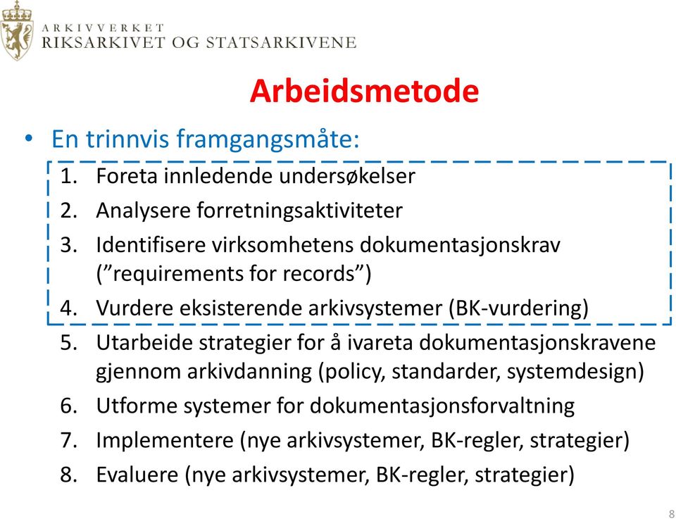 Utarbeide strategier for å ivareta dokumentasjonskravene gjennom arkivdanning (policy, standarder, systemdesign) 6.