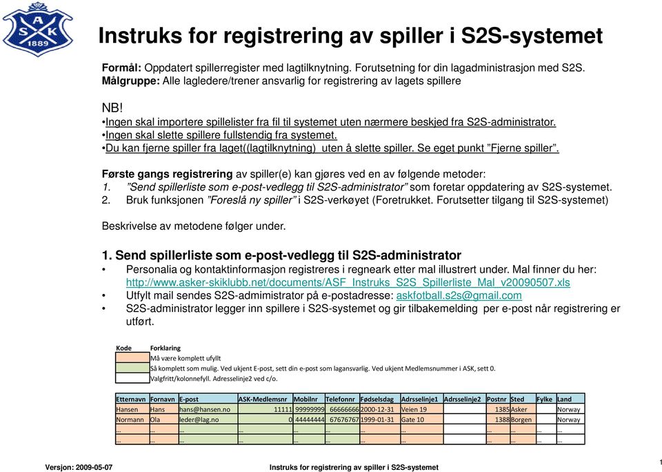 Du kan fjerne spiller fra laget((lagtilknytning) uten å slette spiller. Se eget punkt Fjerne spiller. Første gangs registrering av spiller(e) kan gjøres ved en av følgende metoder: 1.