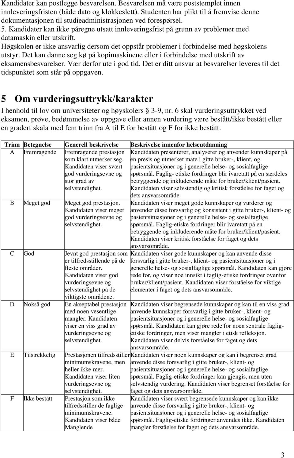 Kandidater kan ikke påregne utsatt innleveringsfrist på grunn av problemer med datamaskin eller utskrift. Høgskolen er ikke ansvarlig dersom det oppstår problemer i forbindelse med høgskolens utstyr.