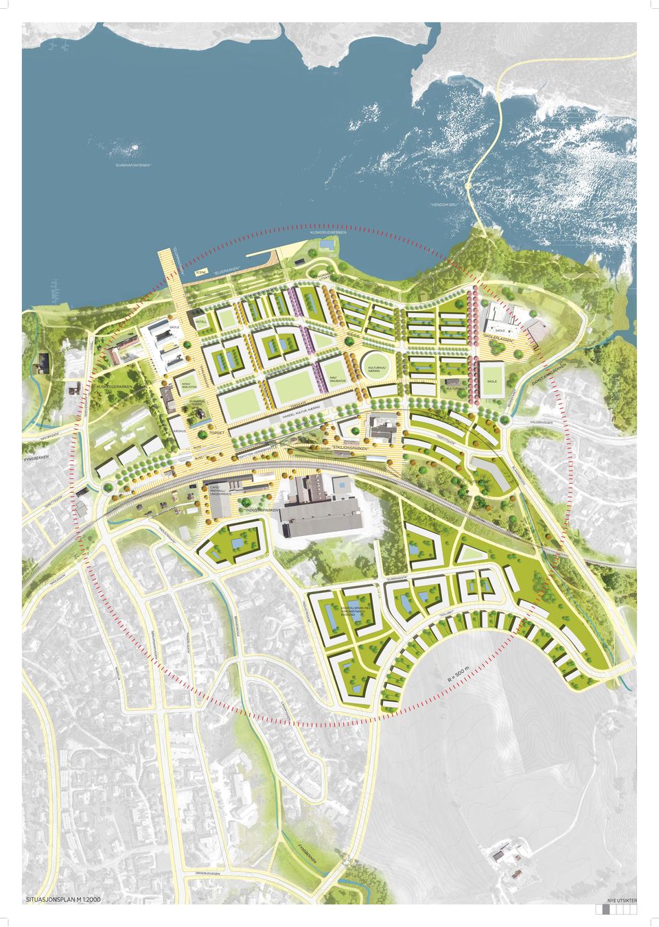 Sletta og Kuskerudgata blir utradisjonelle, asymmetriske gater med brede fortau med utekafeer på solsida, og smalere fortau og gateparkering på skyggesida.