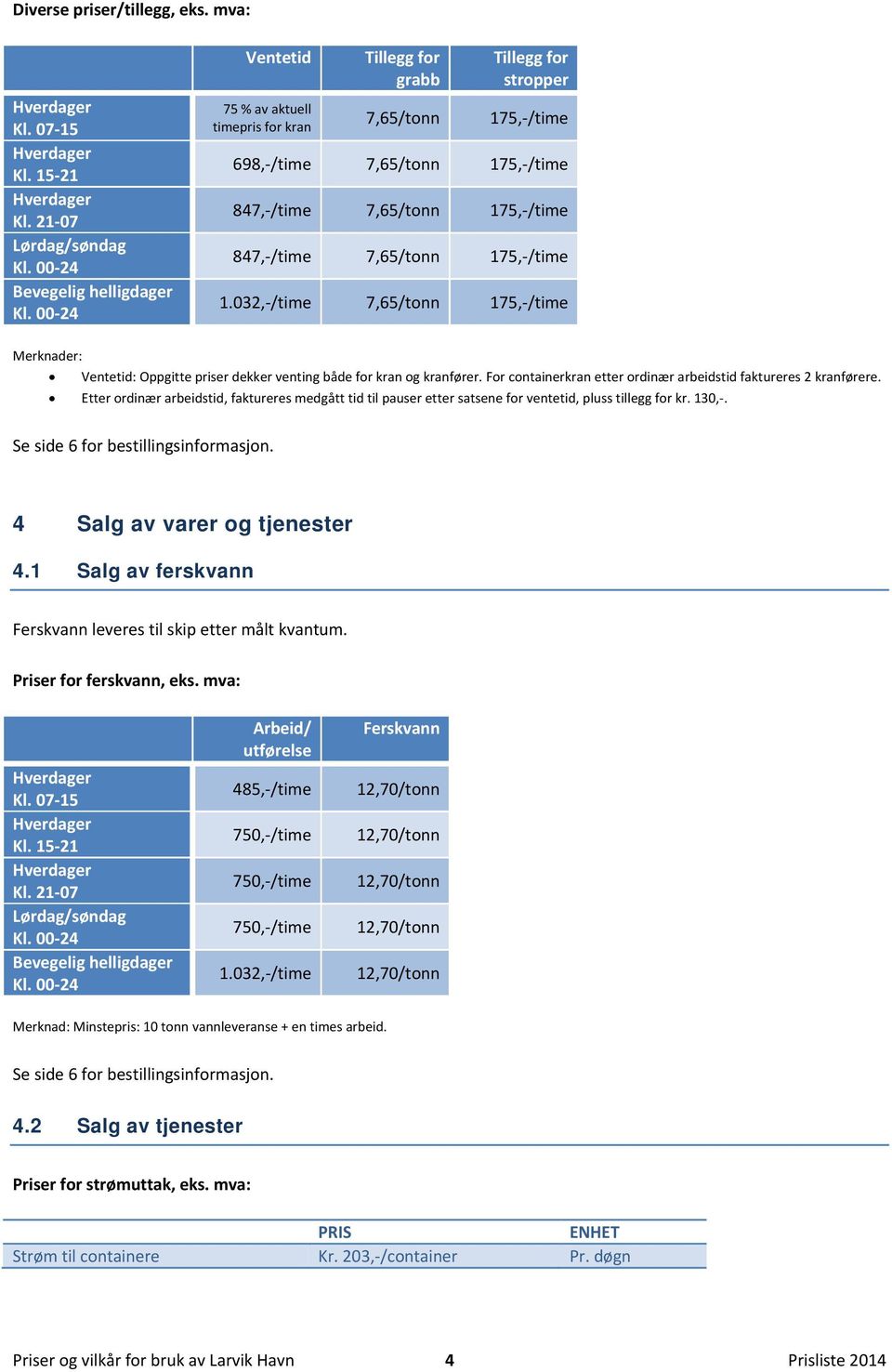 /time 1.032, /time 7,65/tonn 175, /time Merknader: Ventetid: Oppgitte priser dekker venting både for kran og kranfører. For containerkran etter ordinær arbeidstid faktureres 2 kranførere.