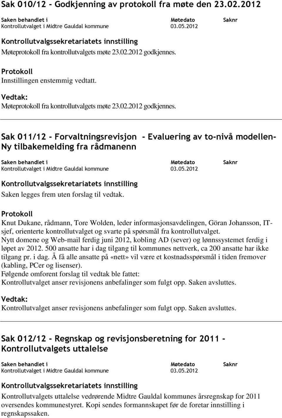 Sak 011/12 - Forvaltningsrevisjon - Evaluering av to-nivå modellen- Ny tilbakemelding fra rådmanenn Saken legges frem uten forslag til vedtak.