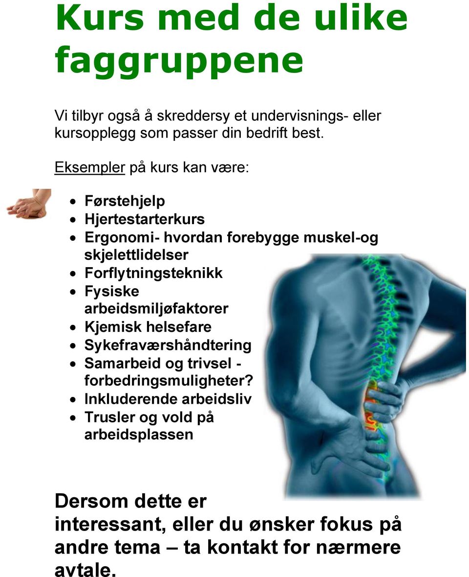 Forflytningsteknikk Fysiske arbeidsmiljøfaktorer Kjemisk helsefare Sykefraværshåndtering Samarbeid og trivsel -