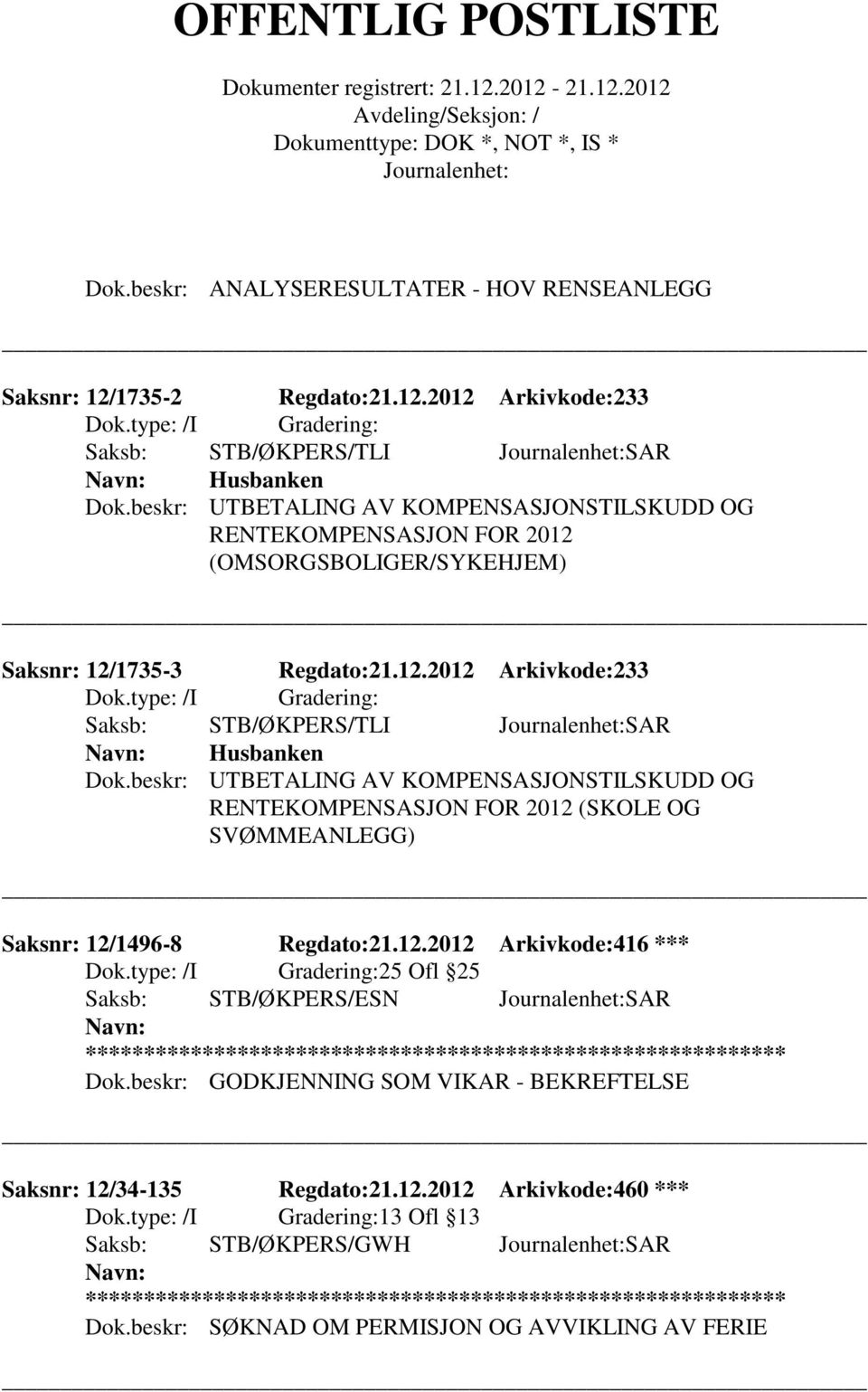 beskr: UTBETALING AV KOMPENSASJONSTILSKUDD OG RENTEKOMPENSASJON FOR 2012 (SKOLE OG SVØMMEANLEGG) Saksnr: 12/1496-8 Regdato:21.12.2012 Arkivkode:416 *** 25 Ofl 25 Saksnr: 12/34-135 Regdato:21.