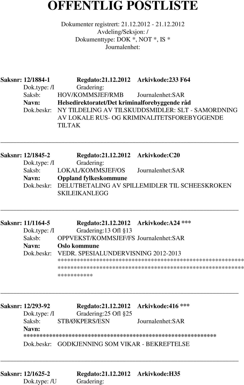 beskr: DELUTBETALING AV SPILLEMIDLER TIL SCHEESKROKEN SKILEIKANLEGG Saksnr: 11/1164-5 Regdato:21.12.2012 Arkivkode:A24 *** 13 Ofl 13 Saksb: OPPVEKST/KOMMSJEF/FS SAR Oslo kommune Dok.beskr: VEDR.