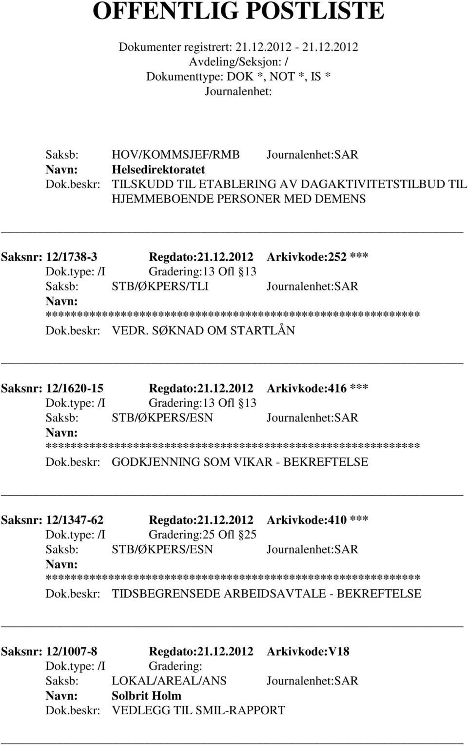 1738-3 Regdato:21.12.2012 Arkivkode:252 *** 13 Ofl 13 Saksb: STB/ØKPERS/TLI SAR Dok.beskr: VEDR.