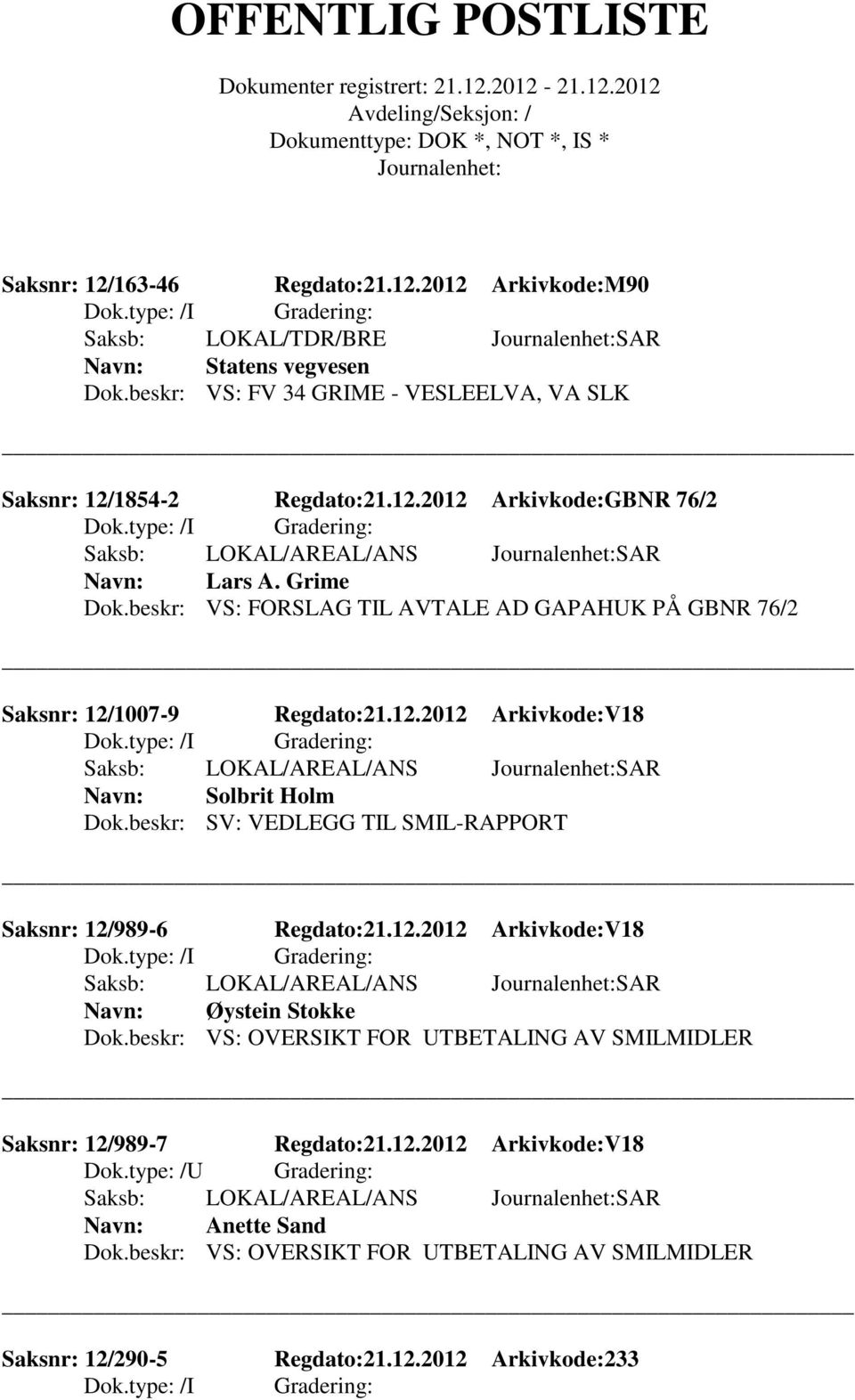 beskr: SV: VEDLEGG TIL SMIL-RAPPORT Saksnr: 12/989-6 Regdato:21.12.2012 Arkivkode:V18 Saksb: LOKAL/AREAL/ANS SAR Øystein Stokke Dok.