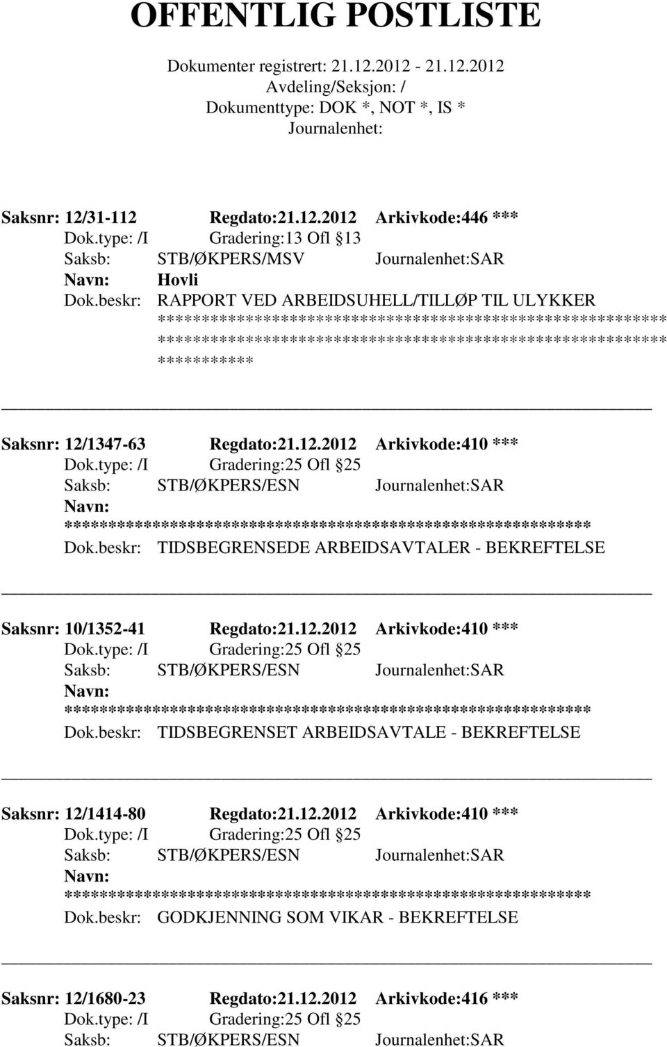 ********************************************************** *********** Saksnr: 12/1347-63 Regdato:21.12.2012 Arkivkode:410 *** 25 Ofl 25 Dok.