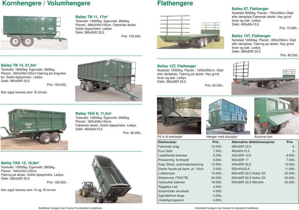 Planstr.: 800x250cm. Glatt eller dørkplate. Fjæring på aksler. Høy grind Pris: 82.000, Bailey TB 14, 21,5m 3 Totalvekt: 18600kg. Egenvekt: 4600kg. Planstr.: 600x240x150cm.Fjæring på drag/aksler.