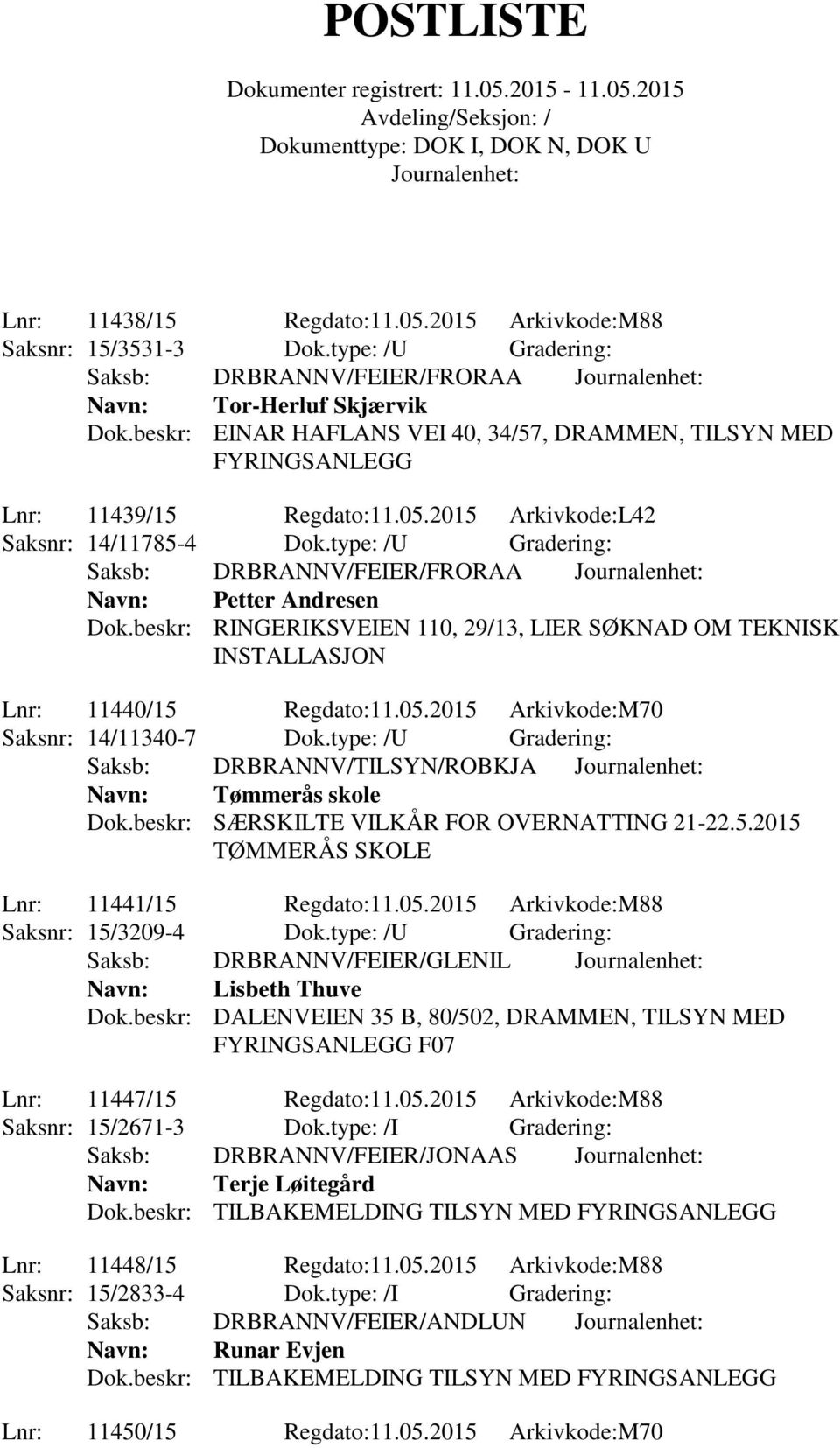 type: /U Gradering: Saksb: DRBRANNV/FEIER/FRORAA Navn: Petter Andresen Dok.beskr: RINGERIKSVEIEN 110, 29/13, LIER SØKNAD OM TEKNISK INSTALLASJON Lnr: 11440/15 Regdato:11.05.