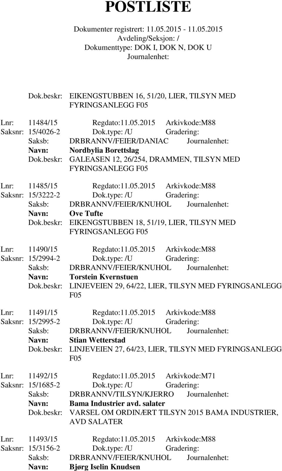 type: /U Gradering: Saksb: DRBRANNV/FEIER/KNUHOL Navn: Ove Tufte Dok.beskr: EIKENGSTUBBEN 18, 51/19, LIER, TILSYN MED Lnr: 11490/15 Regdato:11.05.2015 Arkivkode:M88 Saksnr: 15/2994-2 Dok.