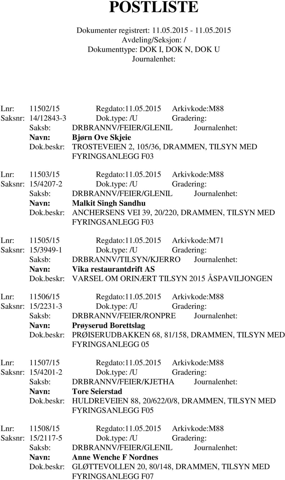 beskr: ANCHERSENS VEI 39, 20/220, DRAMMEN, TILSYN MED Lnr: 11505/15 Regdato:11.05.2015 Arkivkode:M71 Saksnr: 15/3949-1 Dok.