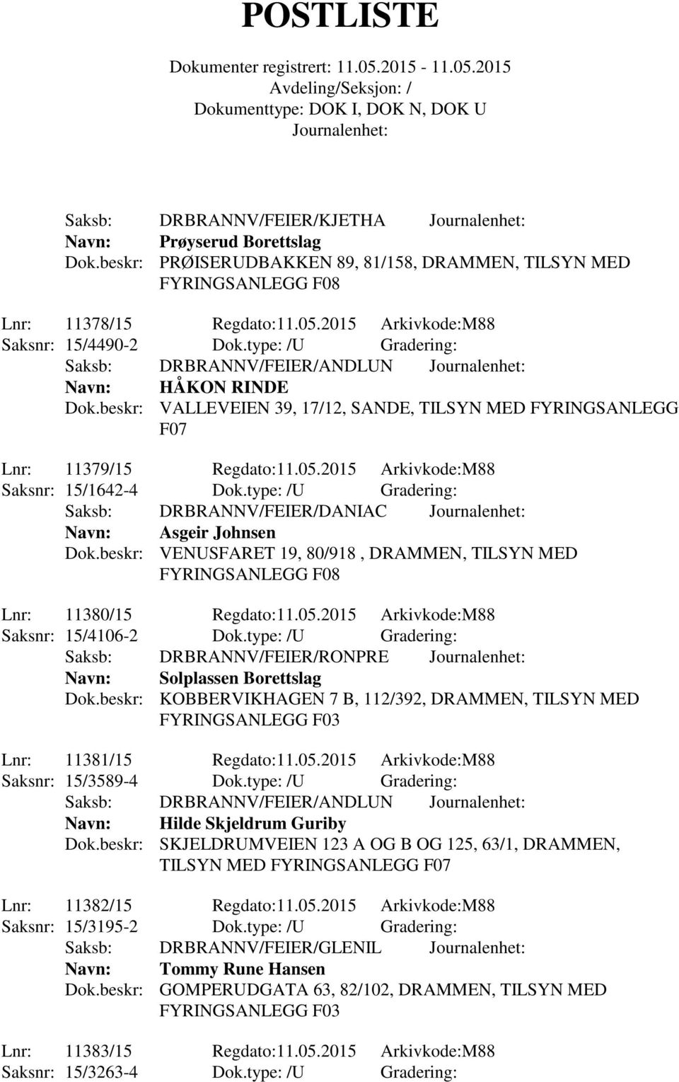 beskr: VALLEVEIEN 39, 17/12, SANDE, TILSYN MED FYRINGSANLEGG F07 Lnr: 11379/15 Regdato:11.05.2015 Arkivkode:M88 Saksnr: 15/1642-4 Dok.