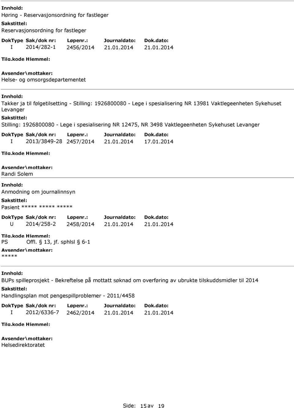 Vaktlegeenheten Sykehuset Levanger 2013/3849-28 2457/2014 Randi Solem Anmodning om journalinnsyn Pasient 2014/258-2 2458/2014 BPs spilleprosjekt - Bekreftelse