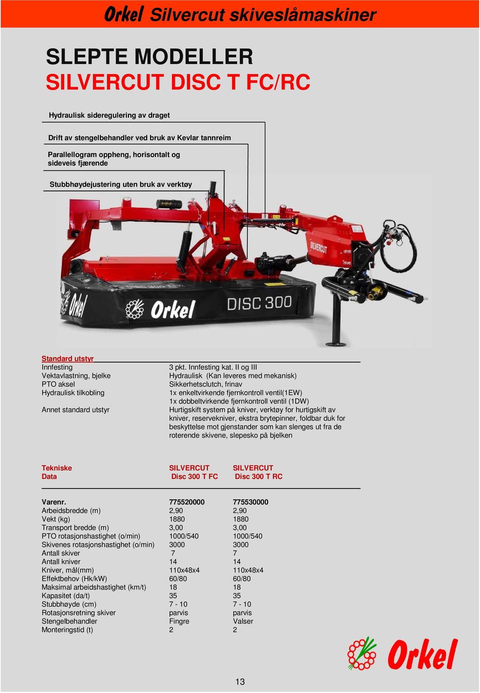 II og III Hydraulisk (Kan leveres med mekanisk) Sikkerhetsclutch, frinav 1x enkeltvirkende fjernkontroll ventil(1ew) 1x dobbeltvirkende fjernkontroll ventil (1DW) Hurtigskift system på kniver,