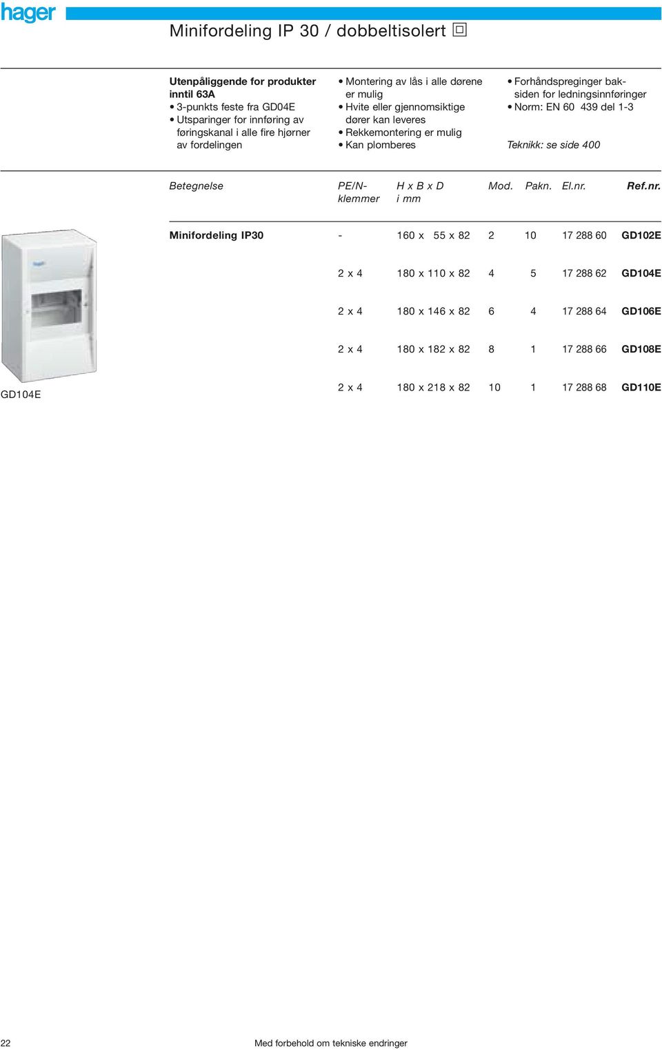 60 439 del 1-3 Teknikk: se side 400 Betegnelse PE/N- H x B x D Mod. Pakn. El.nr.
