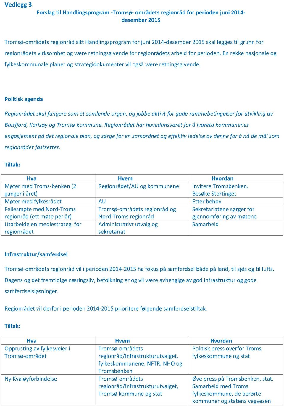 Politisk agenda Regionrådet skal fungere som et samlende organ, og jobbe aktivt for gode rammebetingelser for utvikling av Balsfjord, Karlsøy og Tromsø kommune.