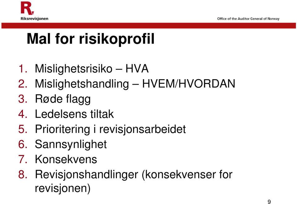 Ledelsens tiltak 5. Prioritering i revisjonsarbeidet 6.