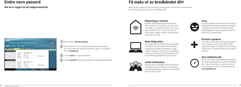 I en kjeller eller rom med tykke murvegger, kan signalene bli svakere. Om mulig, plasser modemet fritt i rommet, et stykke fra tykke vegger, trådløse telefoner og babycalling, og så høyt som mulig.