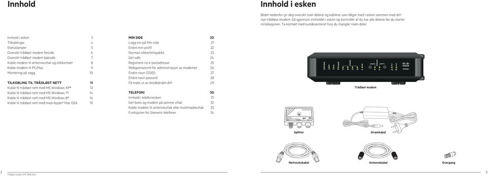 Innhold i esken Tilkoblinger 4 Statuslamper 5 Oversikt trådløst modem forside 6 Oversikt trådløst modem bakside 7 Koble modem til antenneuttak og stikkontakt 8 Koble modem til PC/Mac 9 Montering på