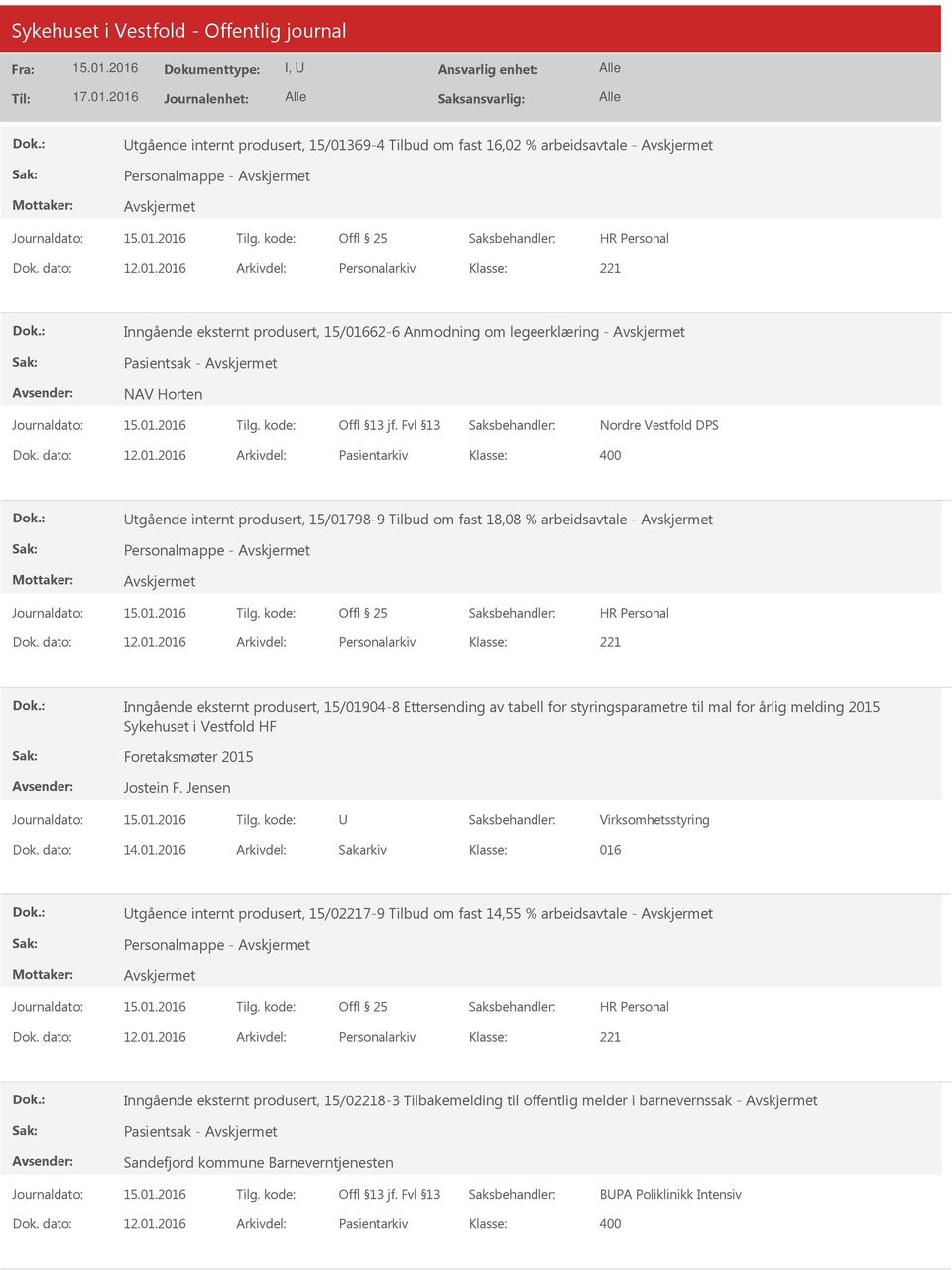 2016 Arkivdel: Pasientarkiv Utgående internt produsert, 15/01798-9 Tilbud om fast 18,08 % arbeidsavtale - Personalmappe - Offl 25 Dok.