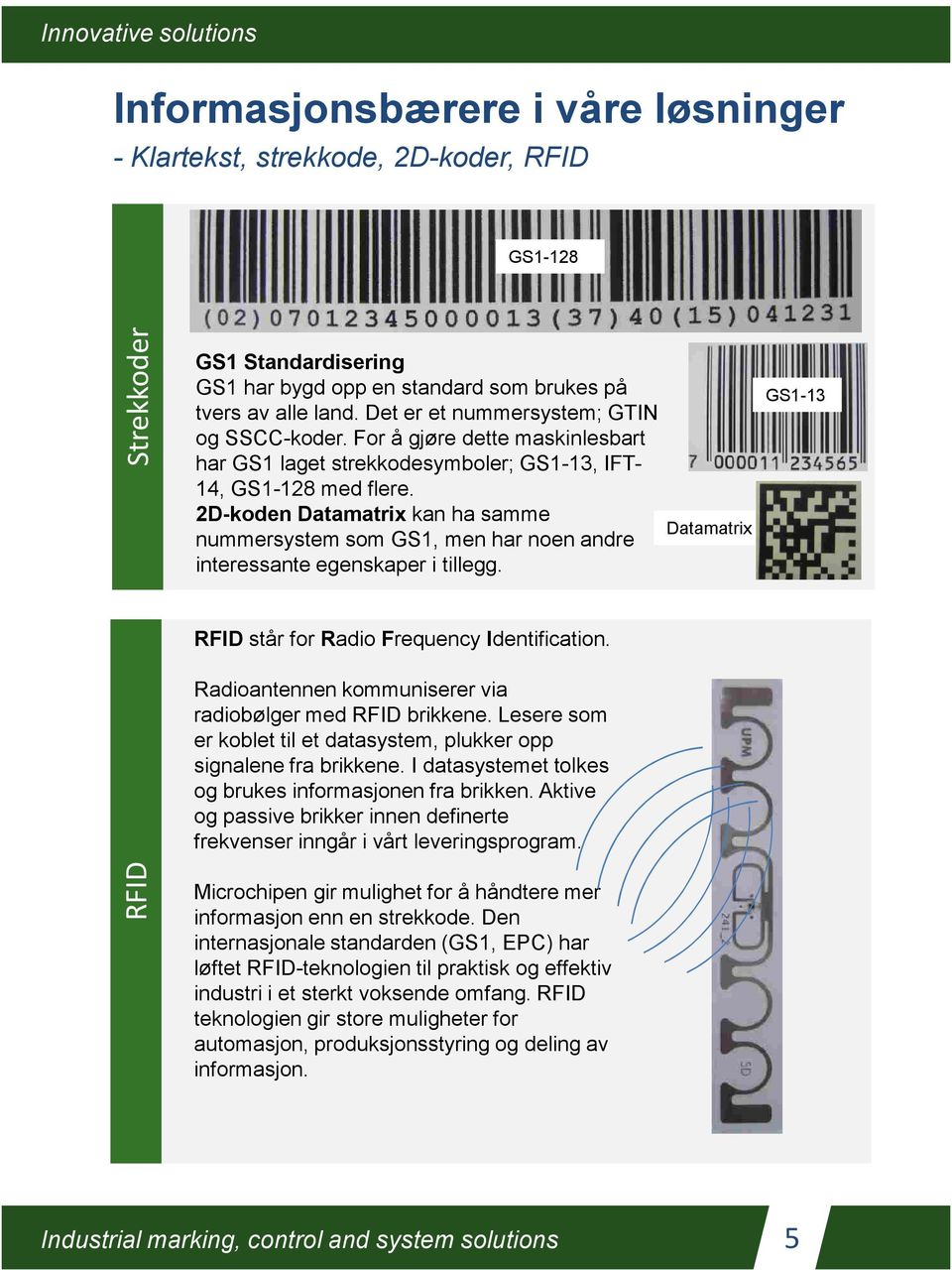 2D-koden Datamatrix kan ha samme nummersystem som GS1, men har noen andre interessante egenskaper i tillegg. Datamatrix GS1-13 RFID står for Radio Frequency Identification.