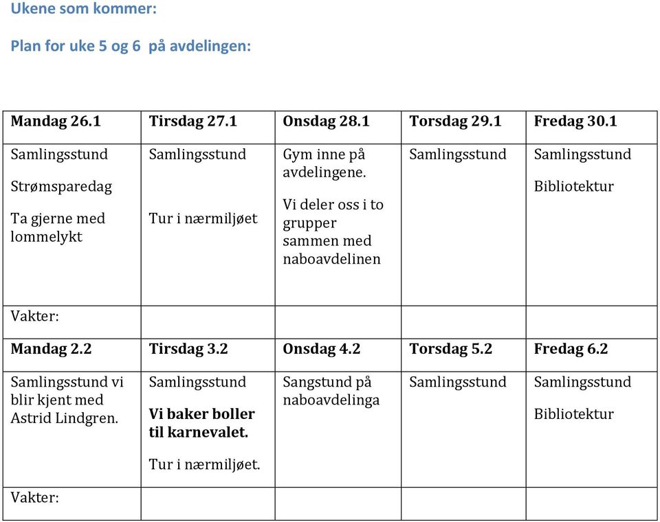 Vi deler oss i to grupper sammen med naboavdelinen Bibliotektur Vakter: Mandag 2.2 Tirsdag 3.2 Onsdag 4.