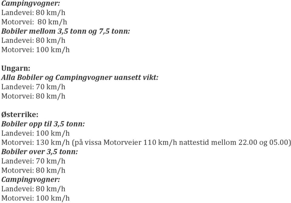 Østerrike: Landevei: 100 km/h (på vissa