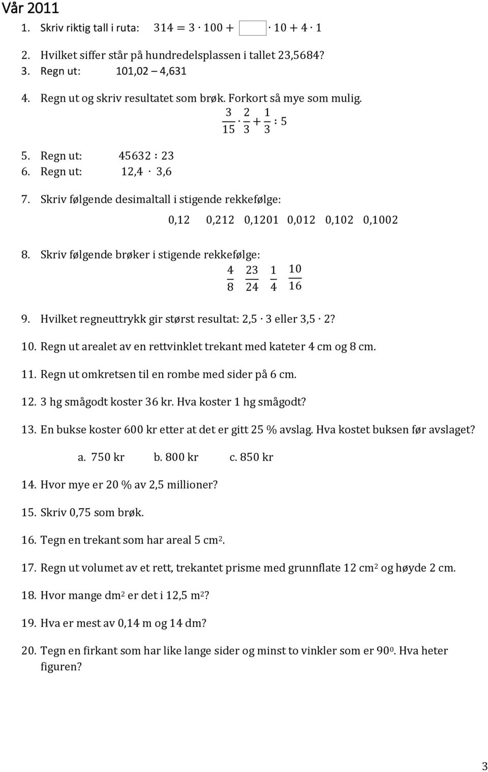 Eksamensoppgaver med fasit til eksamen i matematikk skriftlig for GLU1-7 -  PDF Gratis nedlasting