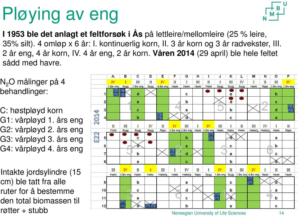 Våren 2014 (29 april) ble hele feltet sådd med havre. N 2 O målinger på 4 behandlinger: C: høstpløyd korn G1: vårpløyd 1.