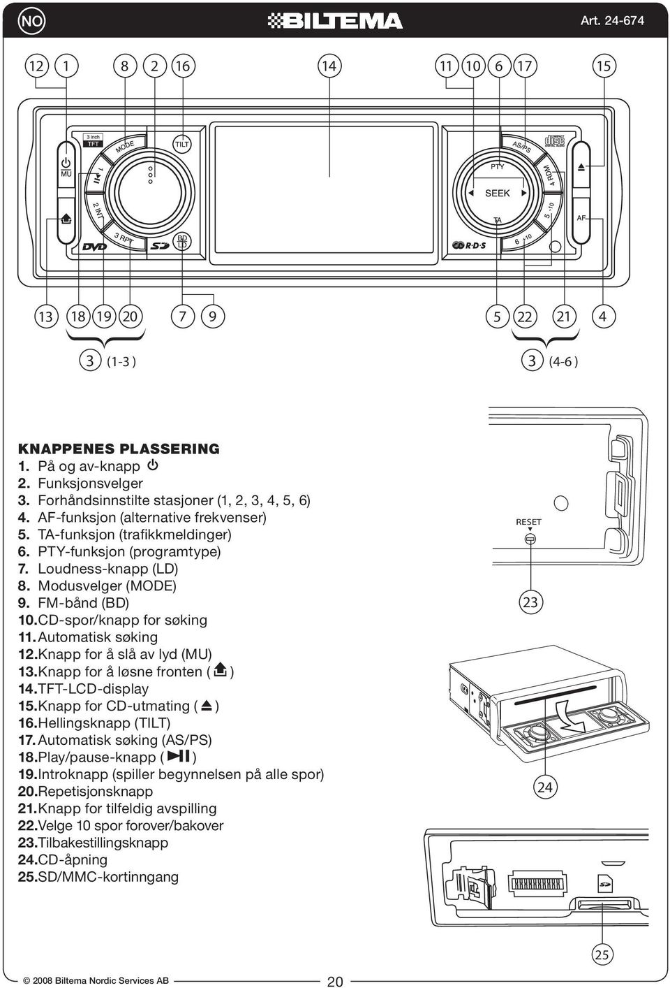 Automatisk søking 12. Knapp for å slå av lyd (MU) 13. Knapp for å løsne fronten ( ) 14. TFT-LCD-display 15. Knapp for CD-utmating ( ) 16. Hellingsknapp (TILT) 17. Automatisk søking (AS/PS) 18.
