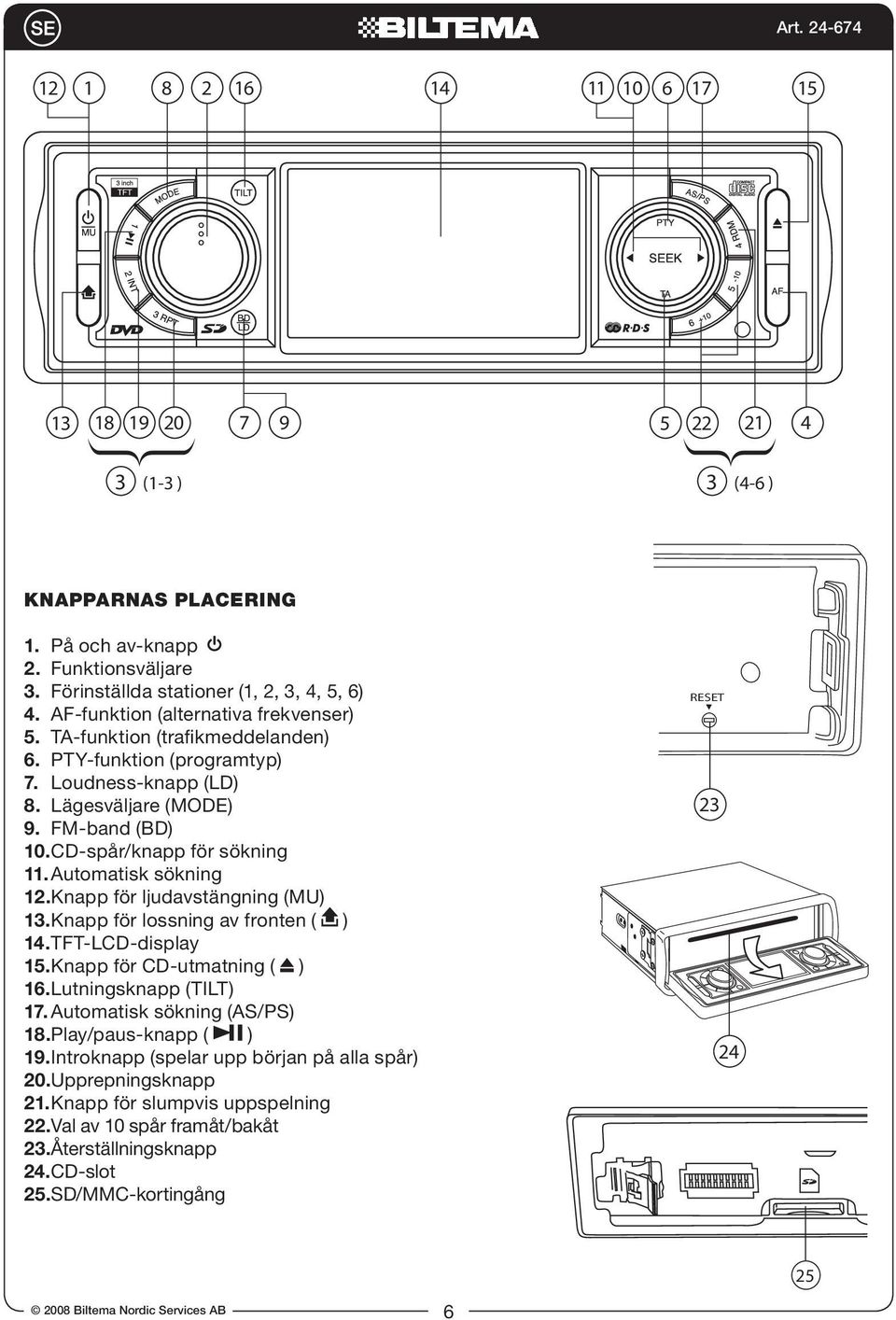 Automatisk sökning 12. Knapp för ljudavstängning (MU) 13. Knapp för lossning av fronten ( ) 14. TFT-LCD-display 15. Knapp för CD-utmatning ( ) 16. Lutningsknapp (TILT) 17.