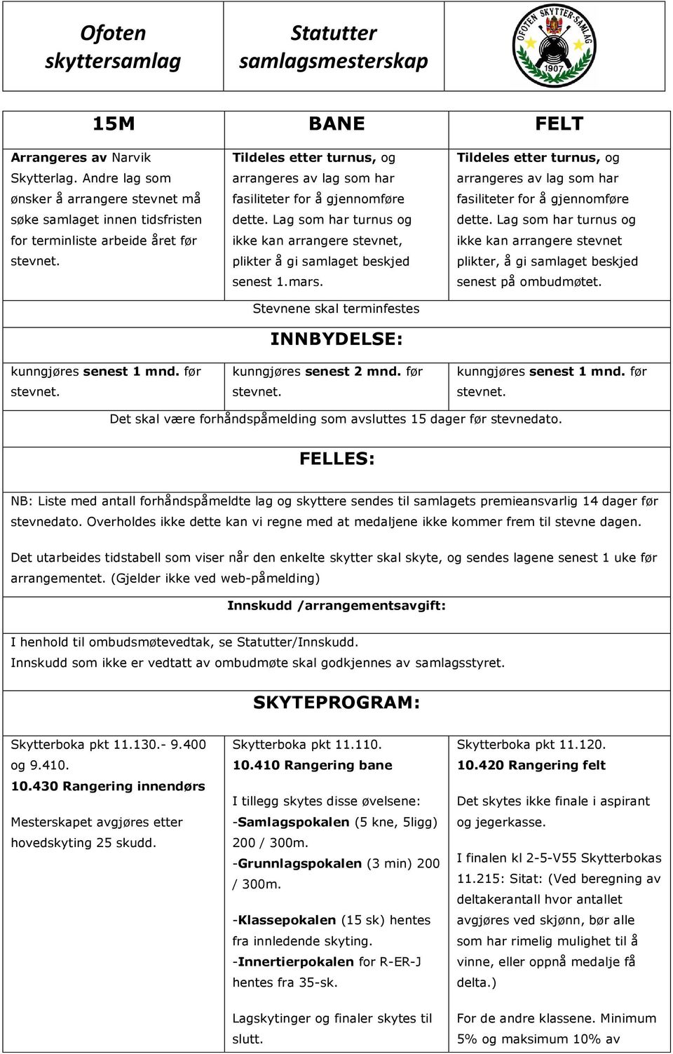 Stevnene skal terminfestes INNBYDELSE: kunngjøres senest 2 mnd. før Tildeles etter turnus, og arrangeres av lag som har fasiliteter for å gjennomføre dette.