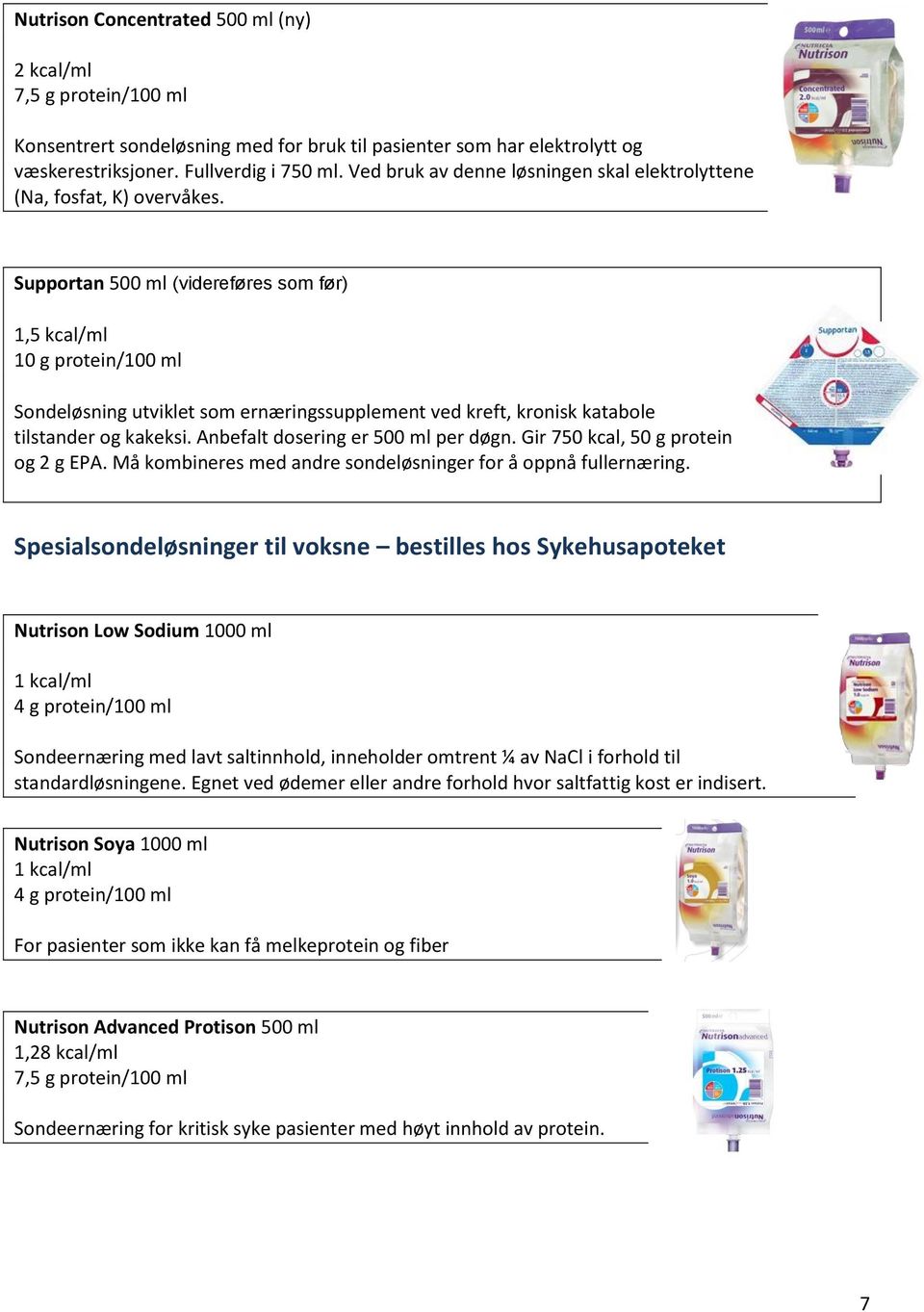 Supportan 500 ml (videreføres som før) 1,5 kcal/ml 10 g protein/100 ml Sondeløsning utviklet som ernæringssupplement ved kreft, kronisk katabole tilstander og kakeksi.