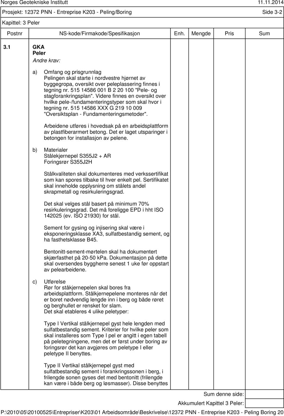 515 14586 XXX G 219 10 009 "Oversiktsplan - Fundamenteringsmetoder". Arbeidene utføres i hovedsak på en arbeidsplattform av plastfiberarmert betong.