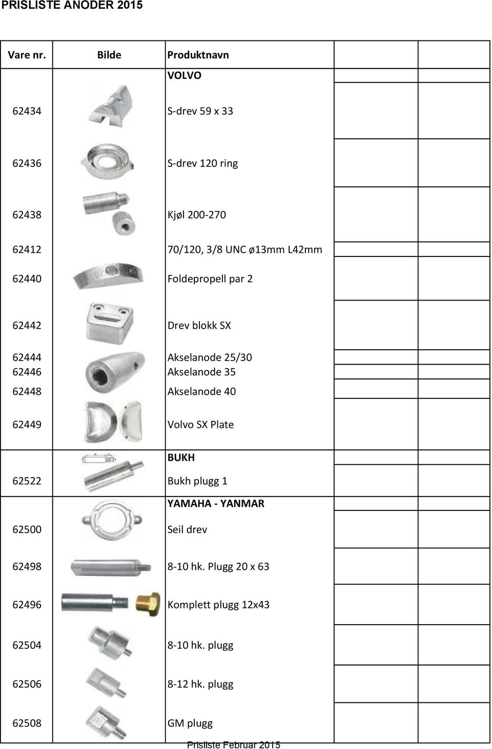 UNC ø13mm L42mm 62440 Foldepropell par 2 62442 Drev blokk SX 62444 Akselanode 25/30 62446 Akselanode 35