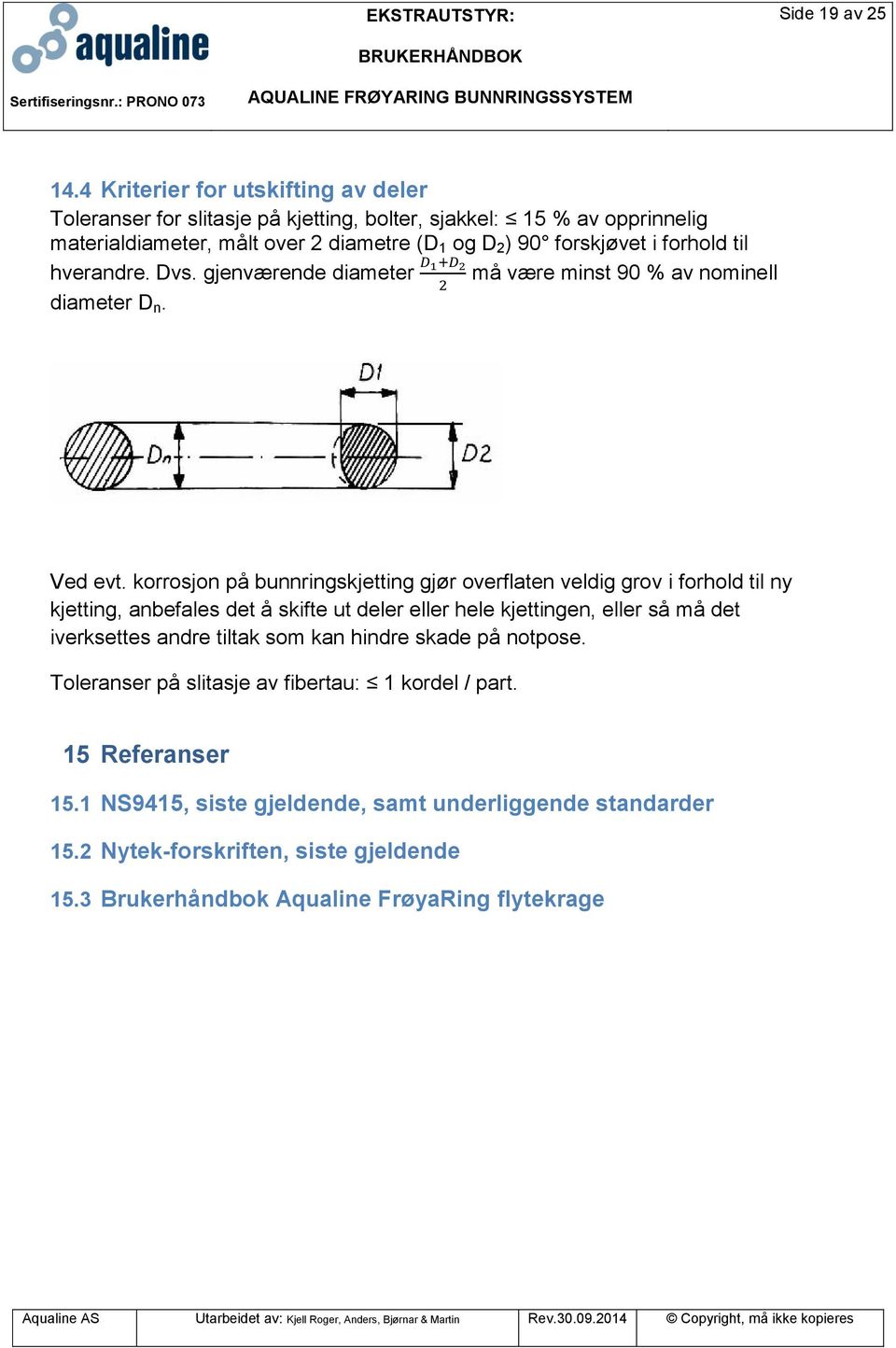 forhold til hverandre. Dvs. gjenværende diameter må være minst 90 % av nominell diameter D n. Ved evt.