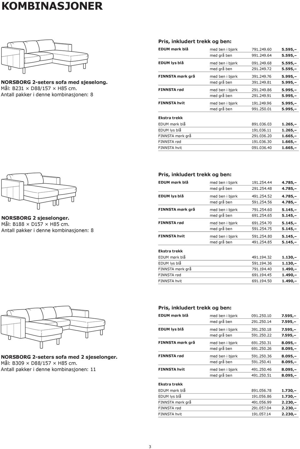 995, FINNSTA rød med ben i bjørk 291.249.86 5.995, med grå ben 291.249.91 5.995, FINNSTA hvit med ben i bjørk 191.249.96 5.995, med grå ben 991.250.01 5.995, EDUM mørk blå 891.036.03 1.