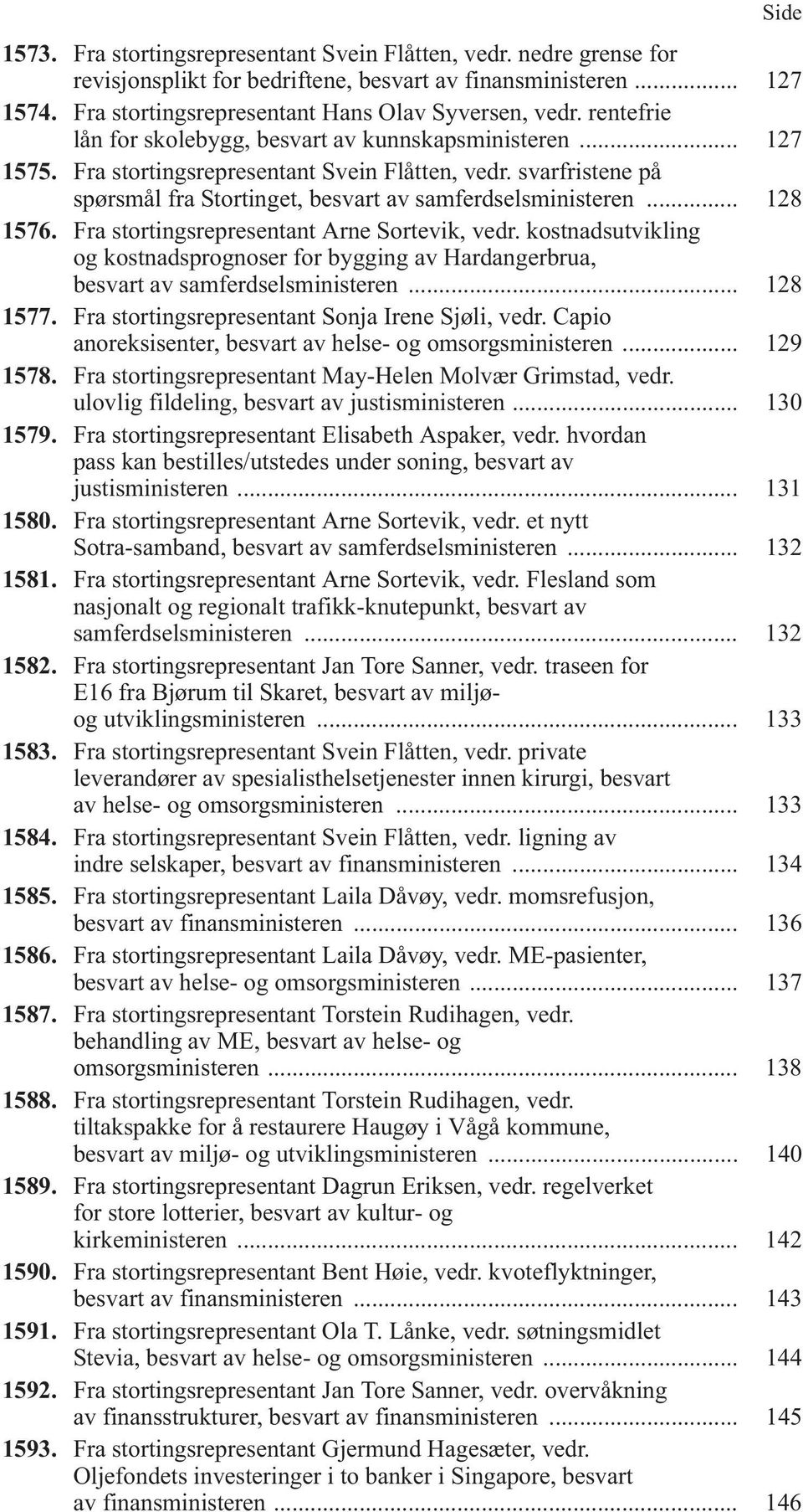 .. 128 1576. Fra stortingsrepresentant Arne Sortevik, vedr. kostnadsutvikling og kostnadsprognoser for bygging av Hardangerbrua, besvart av samferdselsministeren... 128 1577.