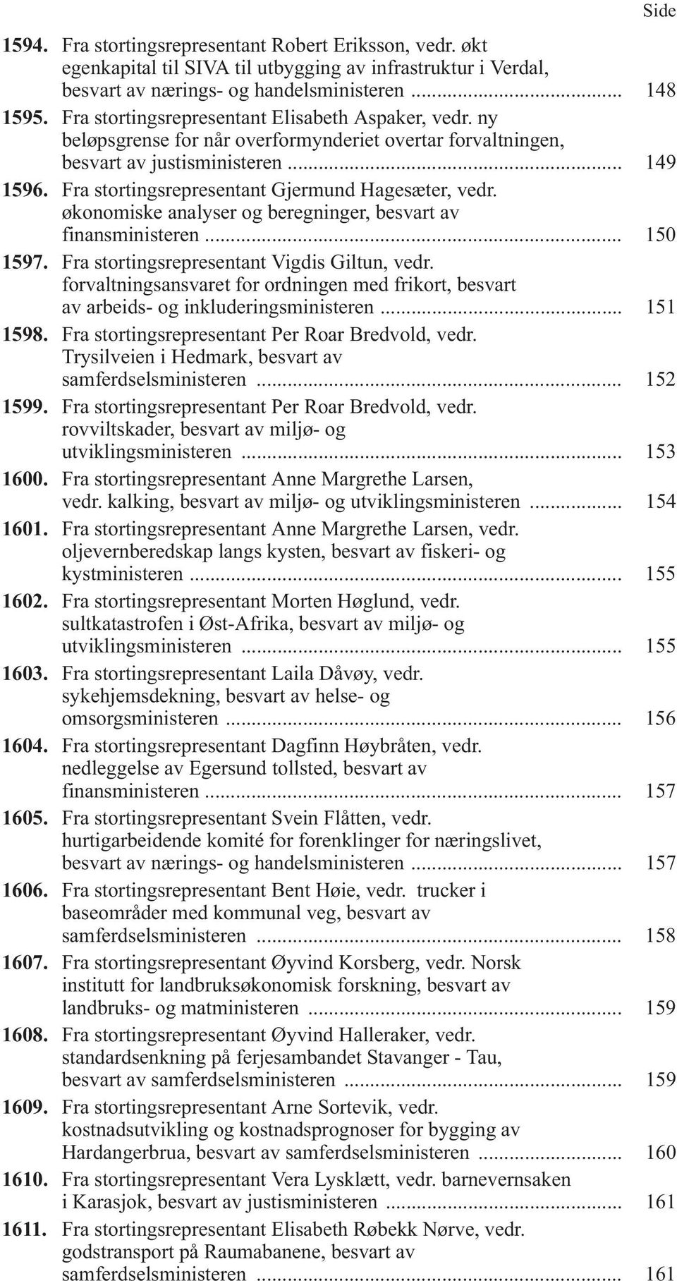 Fra stortingsrepresentant Gjermund Hagesæter, vedr. økonomiske analyser og beregninger, besvart av finansministeren... 150 1597. Fra stortingsrepresentant Vigdis Giltun, vedr.
