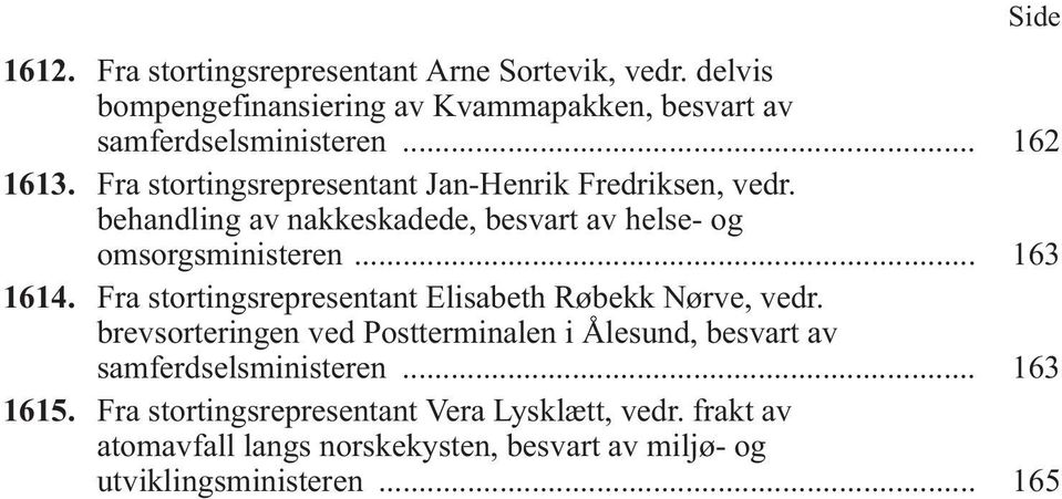 .. 163 1614. Fra stortingsrepresentant Elisabeth Røbekk Nørve, vedr.