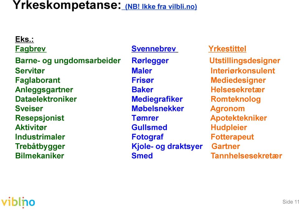 Faglaborant Frisør Mediedesigner Anleggsgartner Baker Helsesekretær Dataelektroniker Mediegrafiker Romteknolog Sveiser