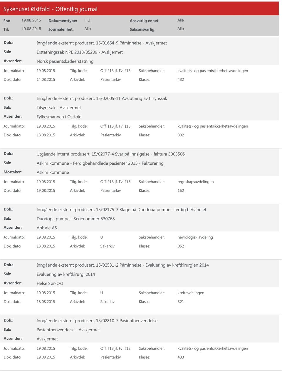 2015 Arkivdel: Pasientarkiv 302 tgående internt produsert, 15/02077-4 Svar på innsigelse - faktura 3003506 Askim kommune - Ferdigbehandlede pasienter 2015 - Fakturering Askim kommune