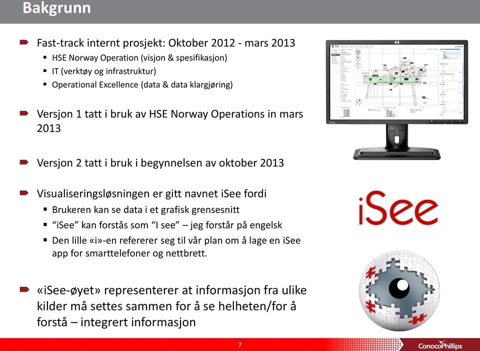 navnet isee fordi Brukeren kan se data i et grafisk grensesnitt isee kan forstås som I see jeg forstår på engelsk Den lille «i»-en refererer seg til vår plan om å lage