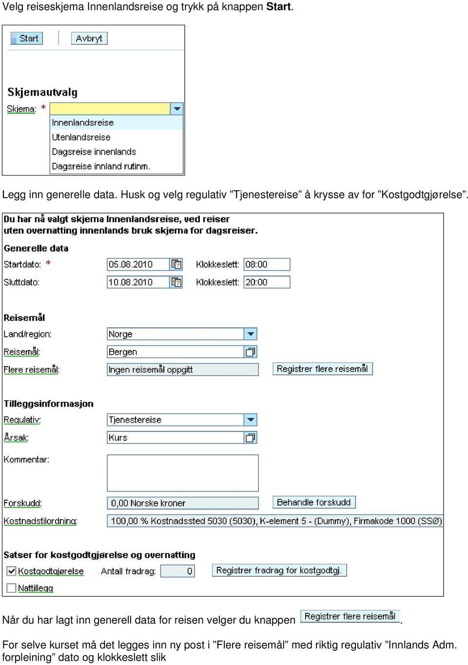 Når du har lagt inn generell data for reisen velger du knappen.